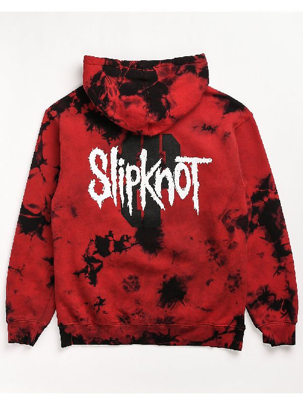 Red and black tie-dye Slipknot Hoodie with 'Slipknot' logo on a white background