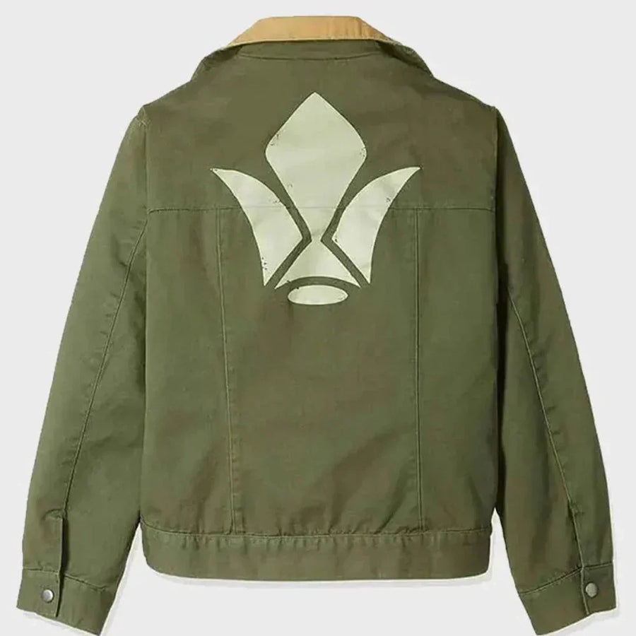 Green jacket with a white emblem on the back against a white background