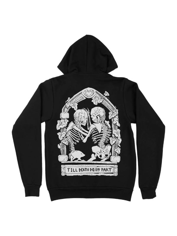 Black Till Death Do Us Part Hoodie with skeleton design and text on the back against a white background
