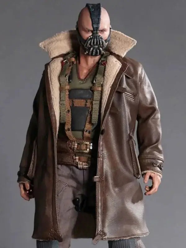actor tom hardy as bane standing in his iconic bane coat with shearling