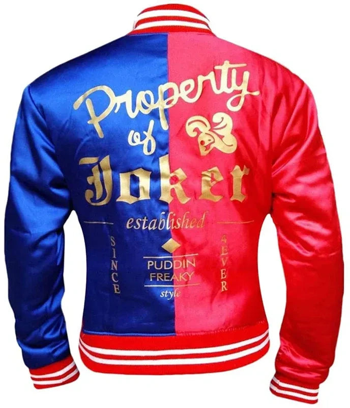 Two-tone blue and red jacket with 'Property of Joker' text on a white background