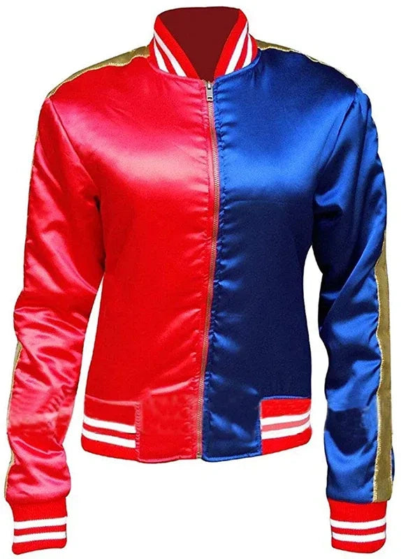 Two-tone red and blue jacket with white stripes on a white background