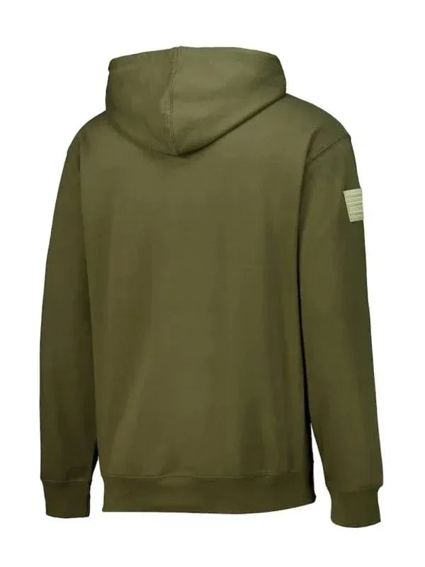 Green hoodie with a patch on the sleeve against a white background