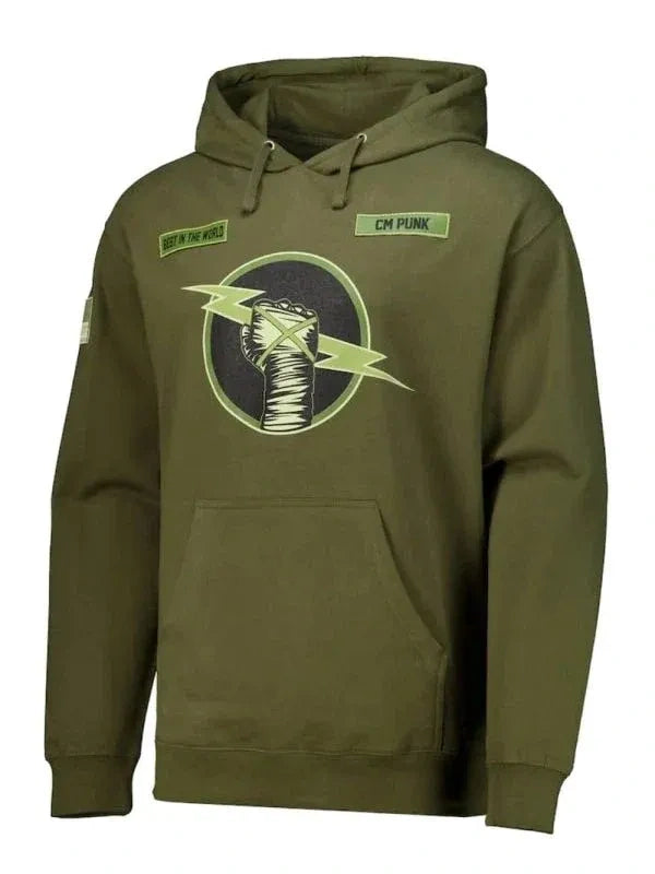 Green hoodie with graphic design on a white background