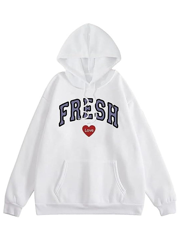 White Fresh Love Hoodie with 'FRESH' text and a red heart on a white background