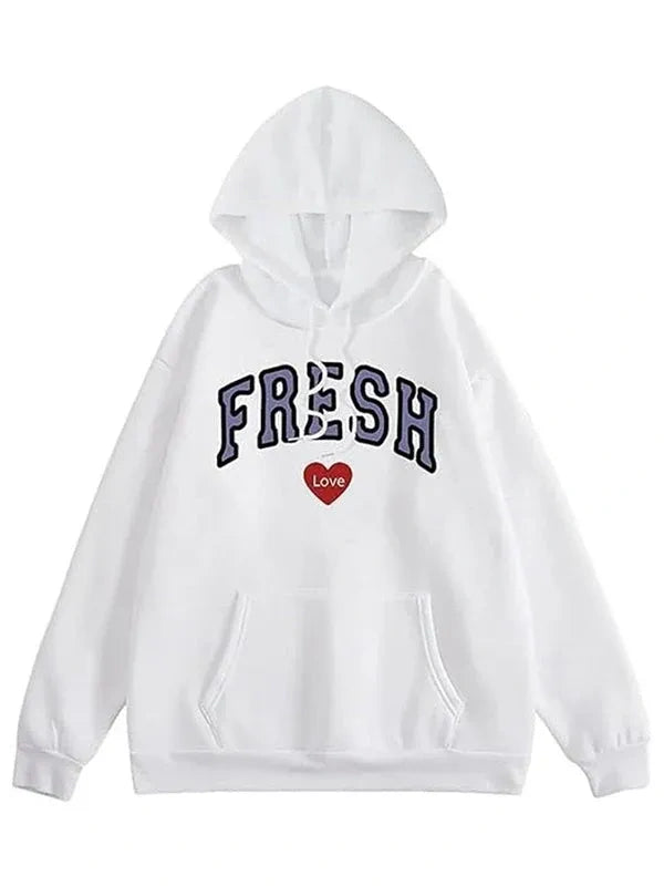 White hoodie with 'FRESH' text and a red heart on a white background