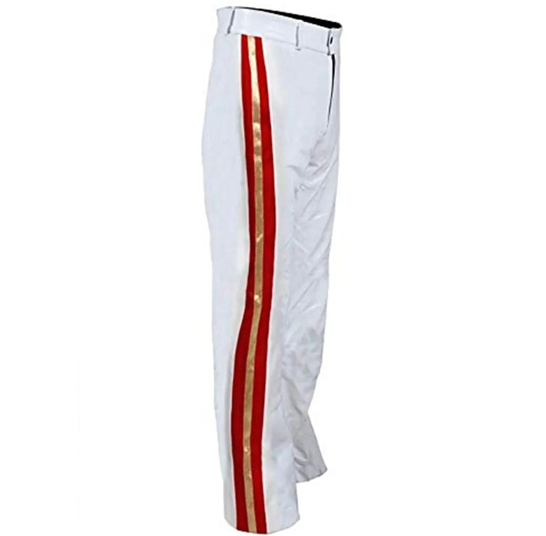 White pants with red and gold stripes on a white background