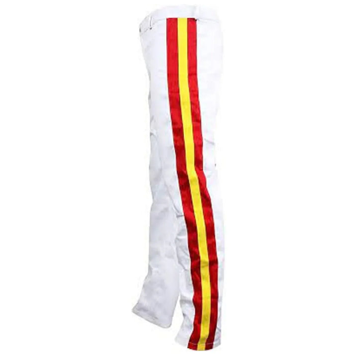 White pants with red and yellow stripes on a white background