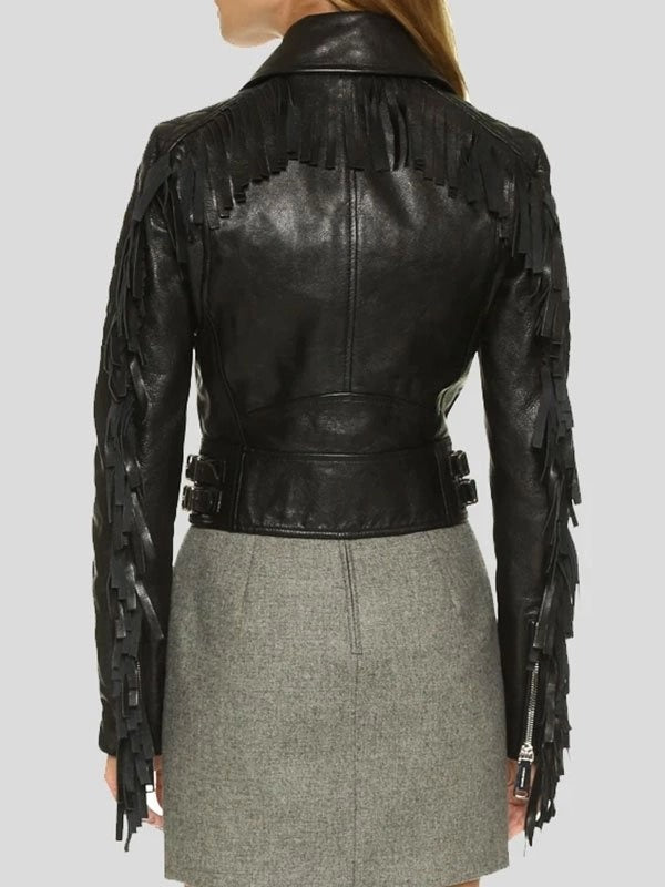 Women’s Black Cropped Leather Motorcycle Jacket With Fringe