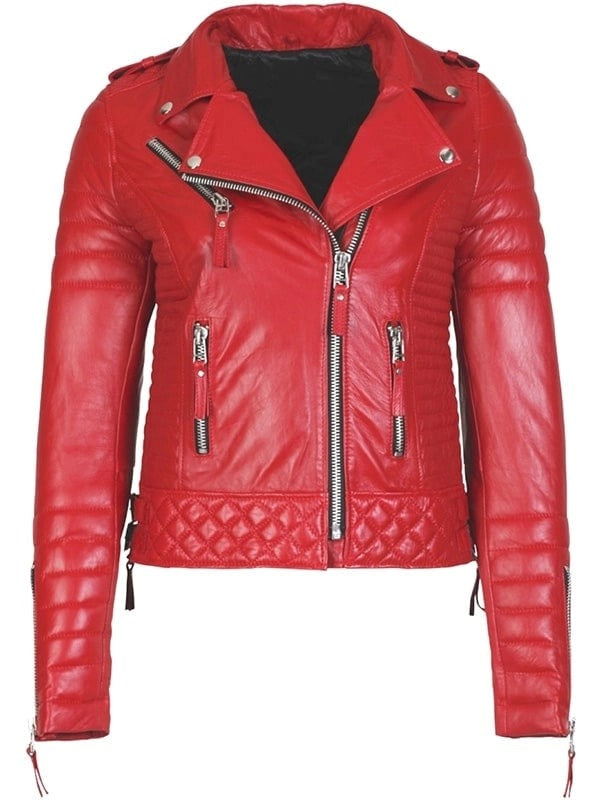 Womens Boda Style Quilted Leather Biker Jacket Red