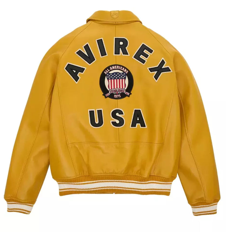 Yellow jacket with 'Avirex USA' branding on a white background
