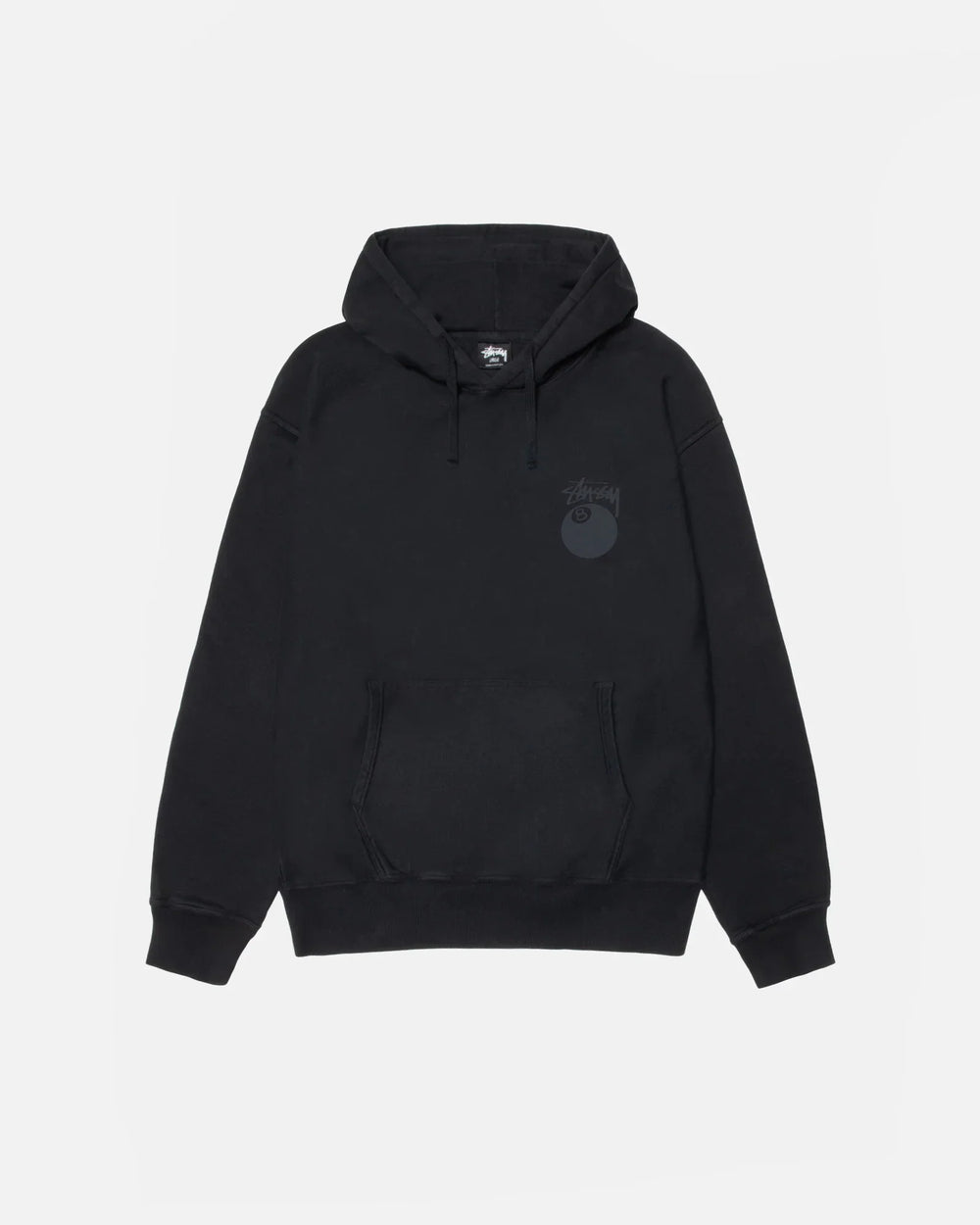 Black hoodie with a logo on the chest against a light gray background