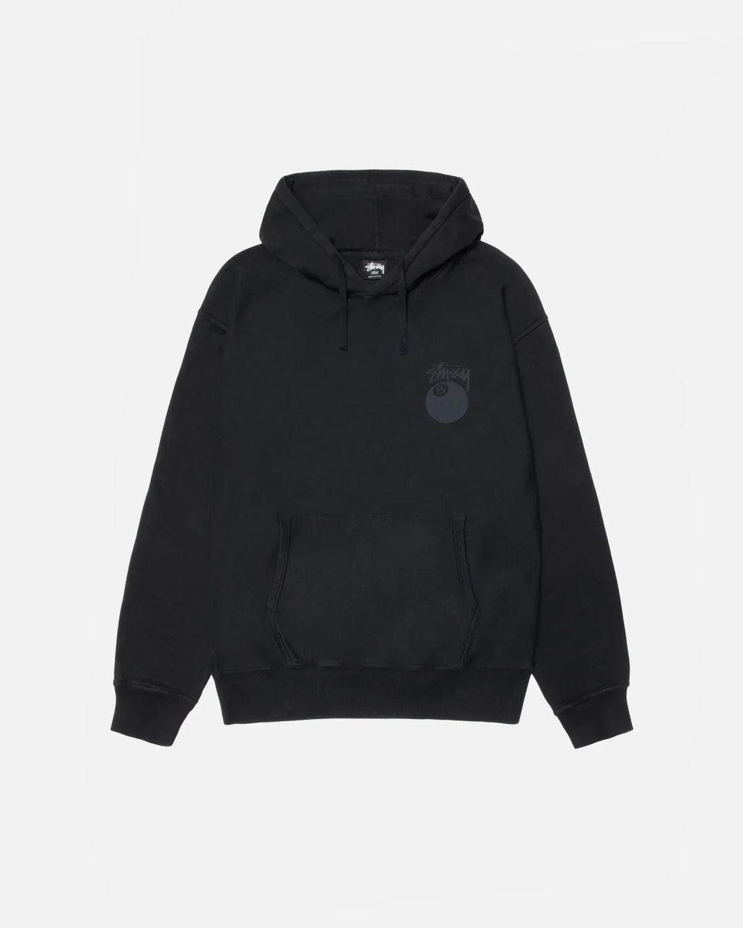 Black hoodie with a logo on the chest against a light gray background