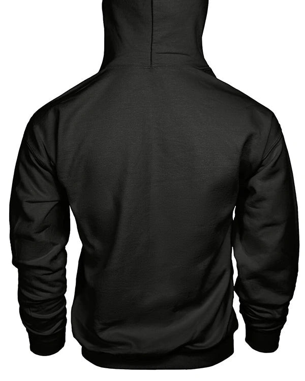 Black hoodie shown from the back on a white background