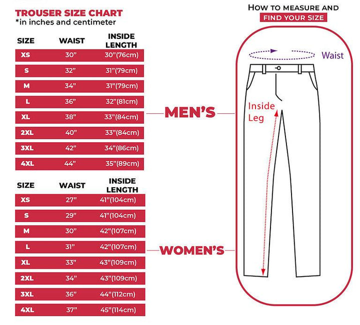 Trousers size chart for men and women with measurement guide on a white background