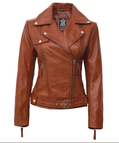 Angela Womens Tan Asymmetrical Leather Moto Jacket