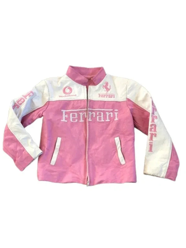 Pink and white Ferrari jacket on a white background