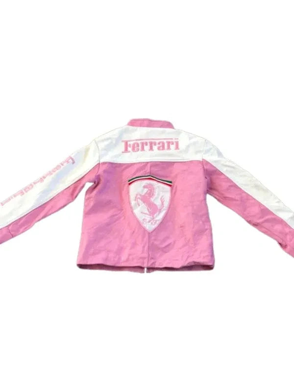 Pink Ferrari jacket with white accents on a white background