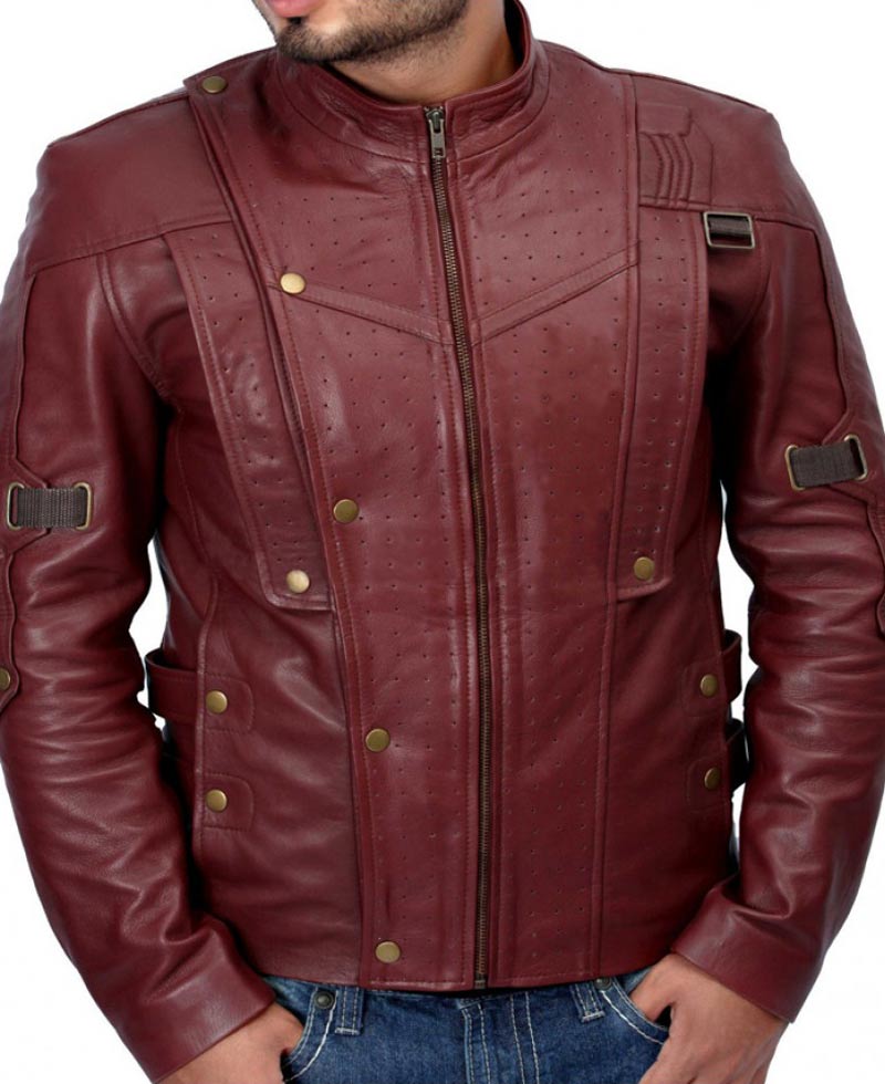 Maroon leather jacket with gold buttons on a white background
