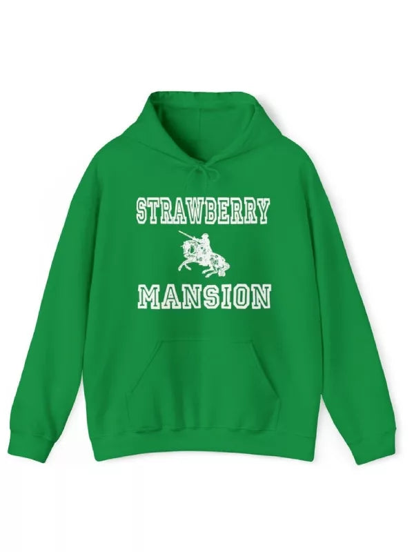 green strawberry mansion hoodie front view