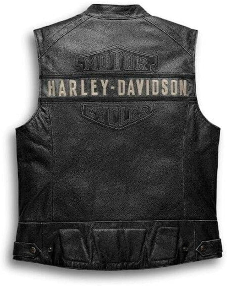 Custom Distressed Black HD Motorcycle Passing Link Sleeveless Real Leather Vest