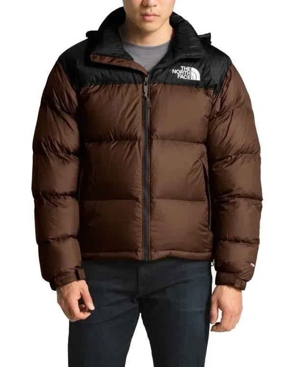 Brown puffer jacket with black collar and The North Face logo on a white background