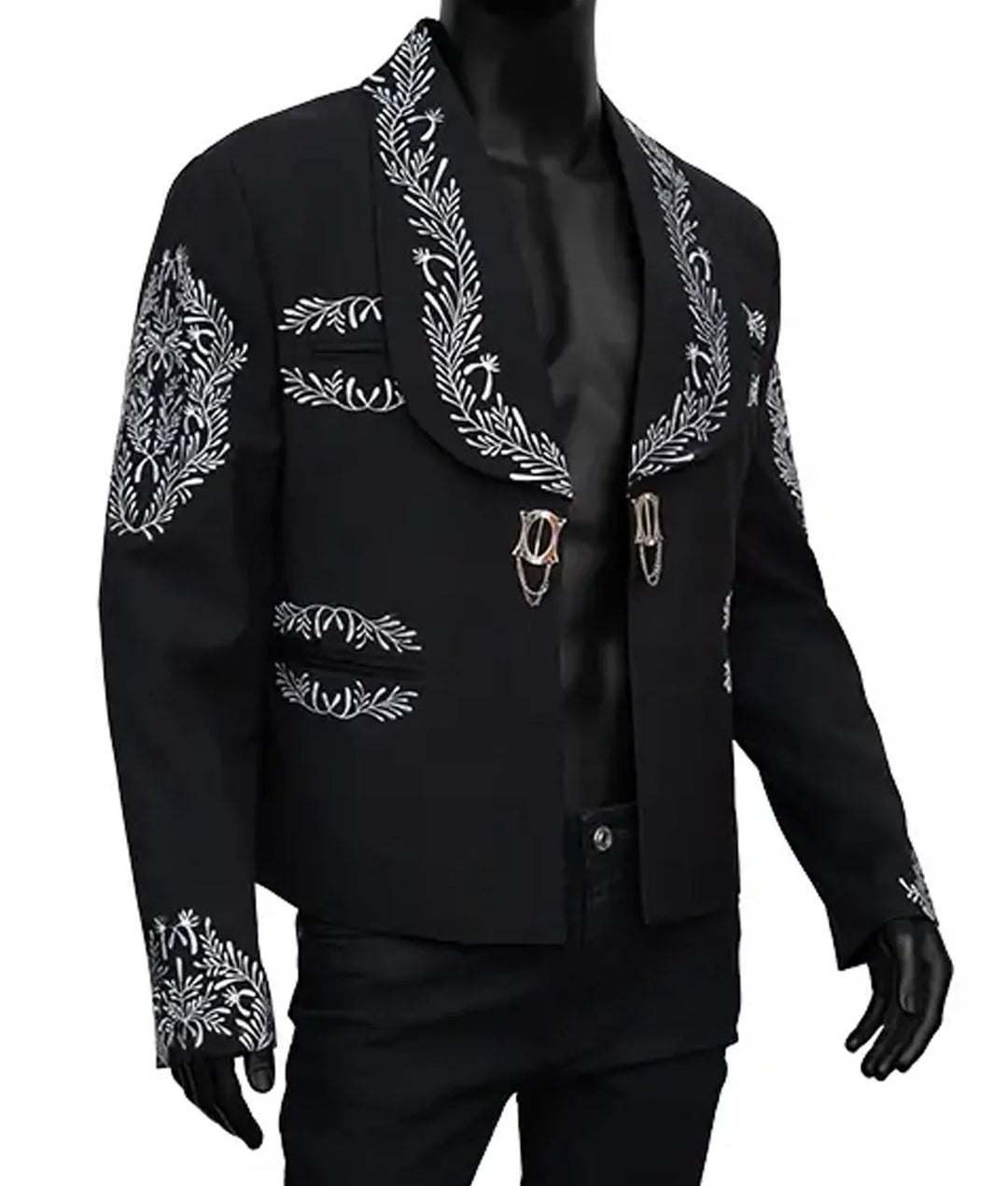 Black suit jacket with white embroidery on a mannequin against a white background