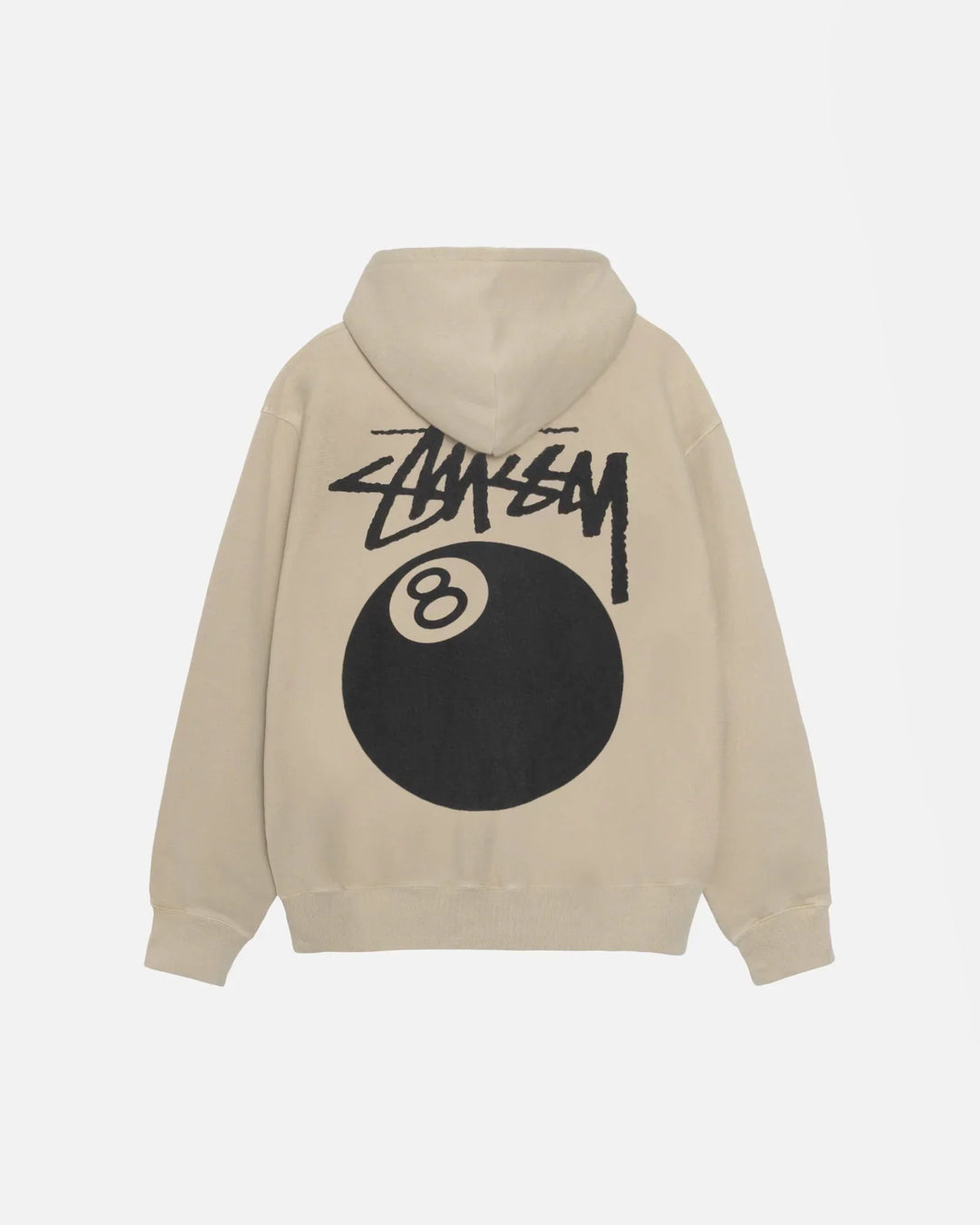 Beige hoodie with black '8 Ball' design on the back against a white background