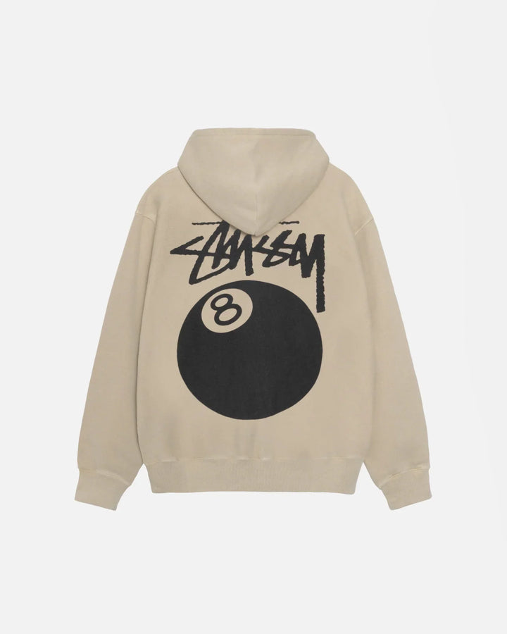 Beige hoodie with black '8 Ball' design on the back against a white background