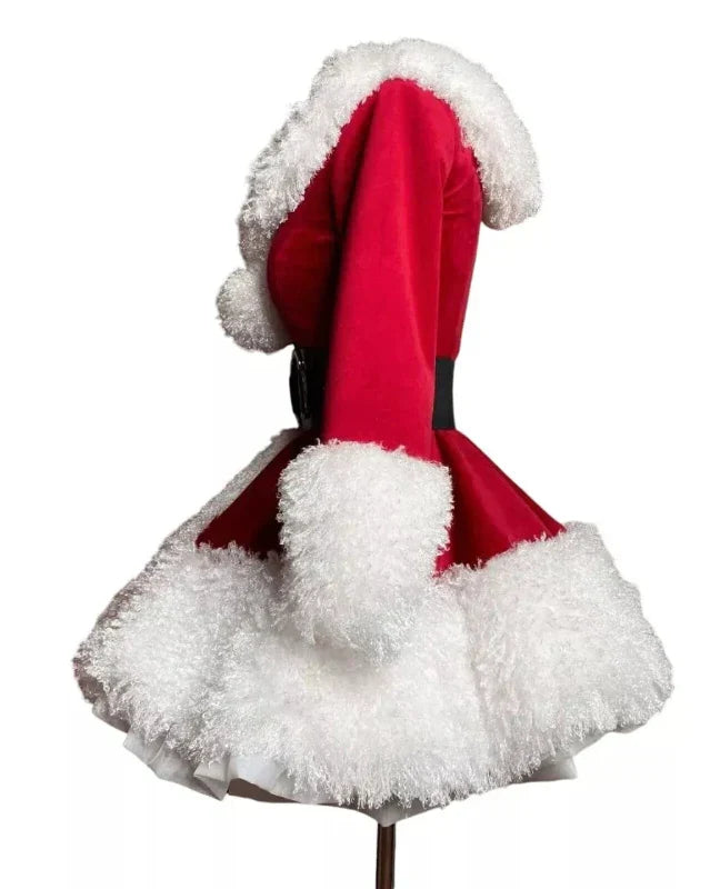 Red Santa Claus coat with white fur trim on a mannequin against a white background