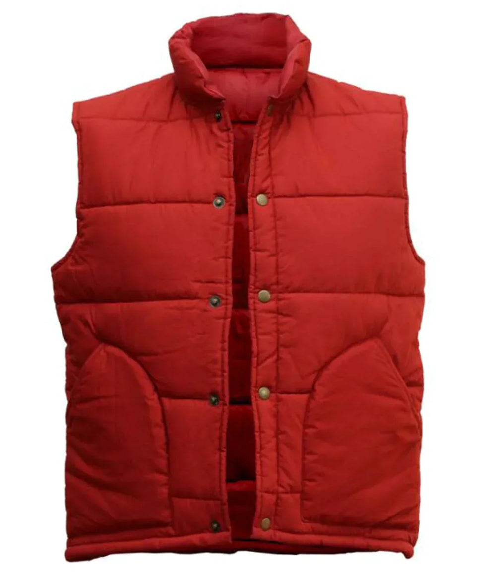 Red puffer vest on a white background