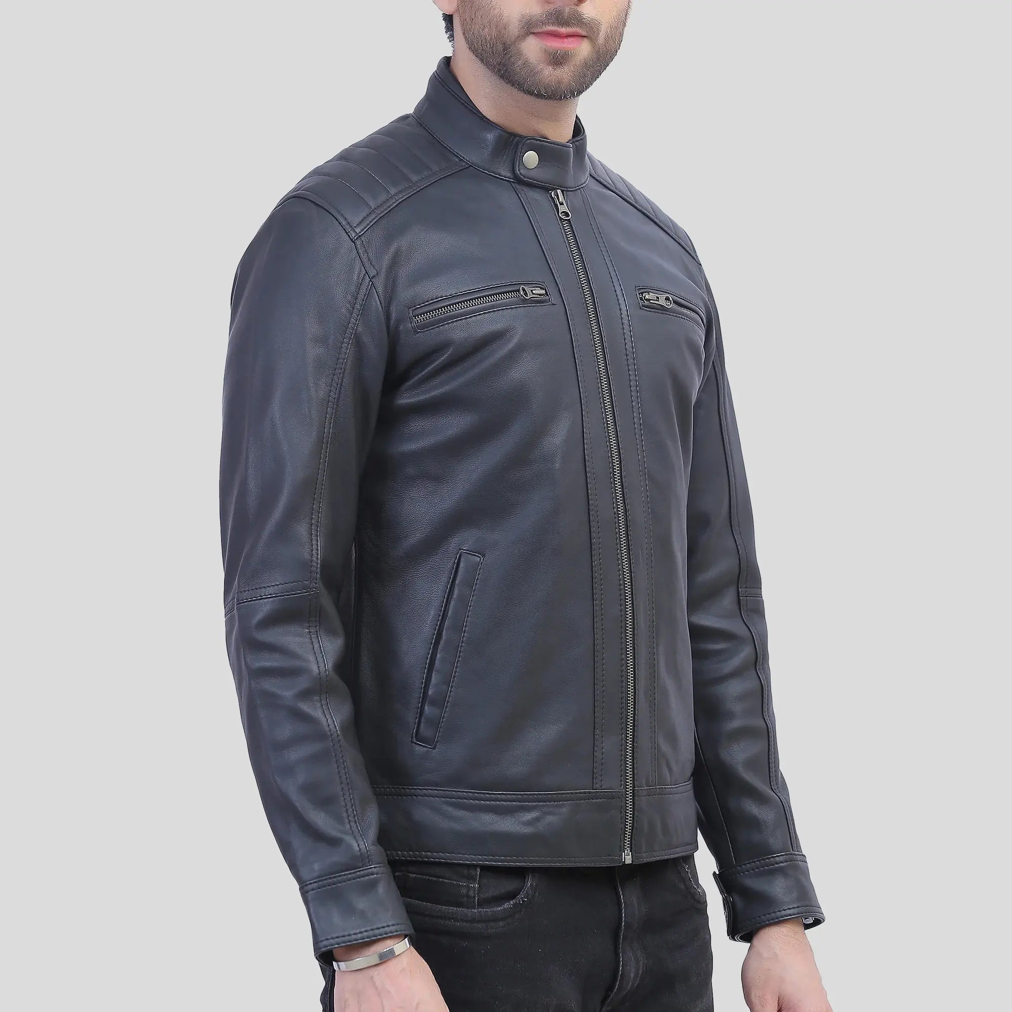 Mens Black Quilted Shoulder Distressed Leather Jacket