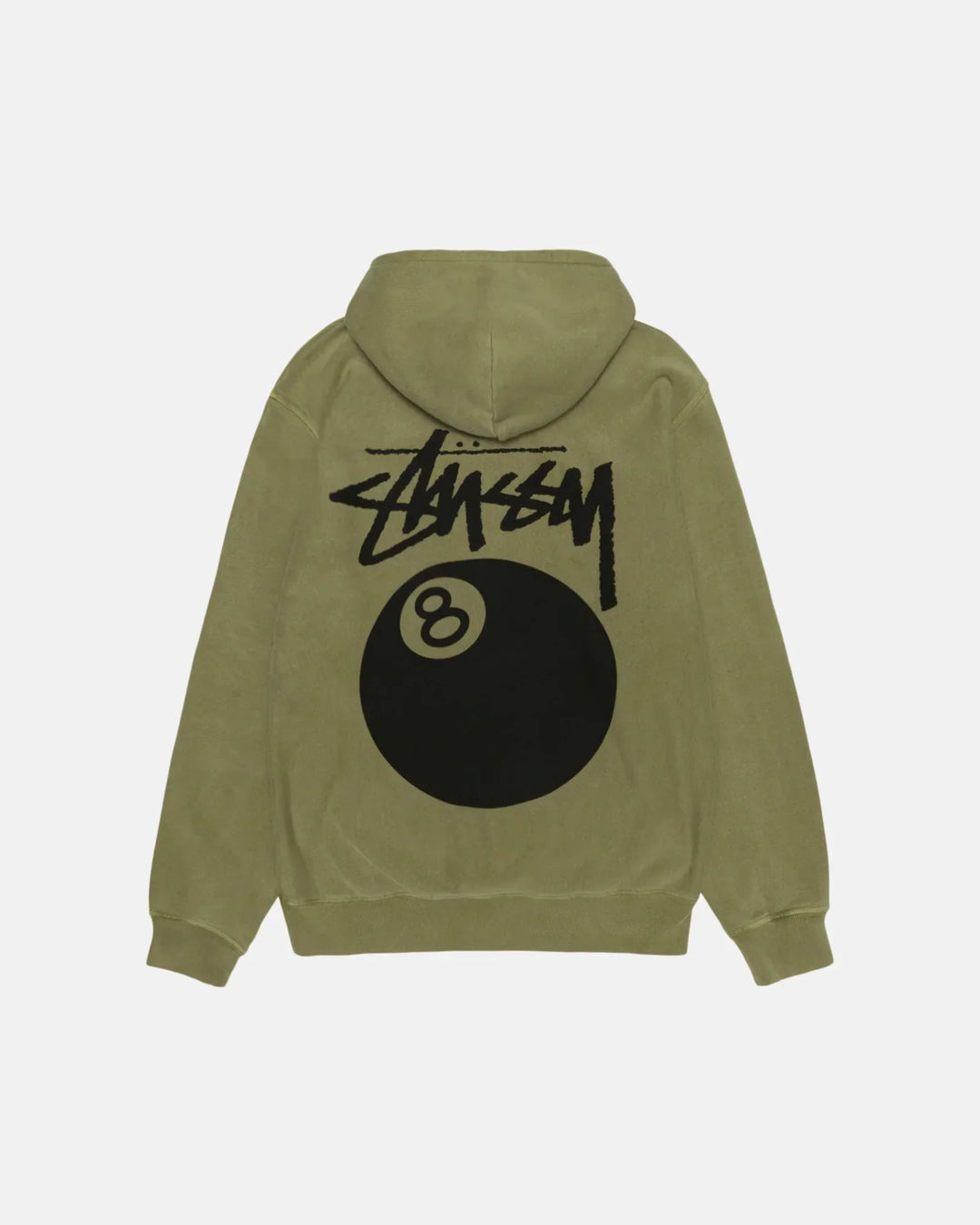 Green hoodie with black '8 Ball' design on the back against a white background
