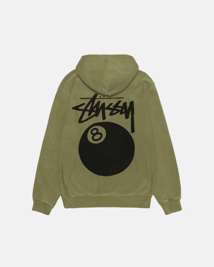 Green hoodie with black '8 Ball' design on the back against a white background