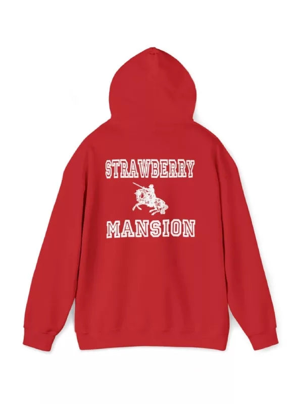red strawberry mansion hoodie back view