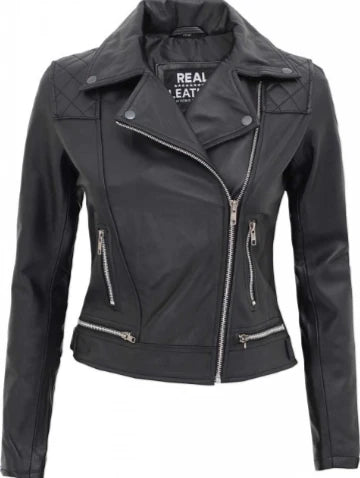 Asti Black Leather Ladies Biker Jacket